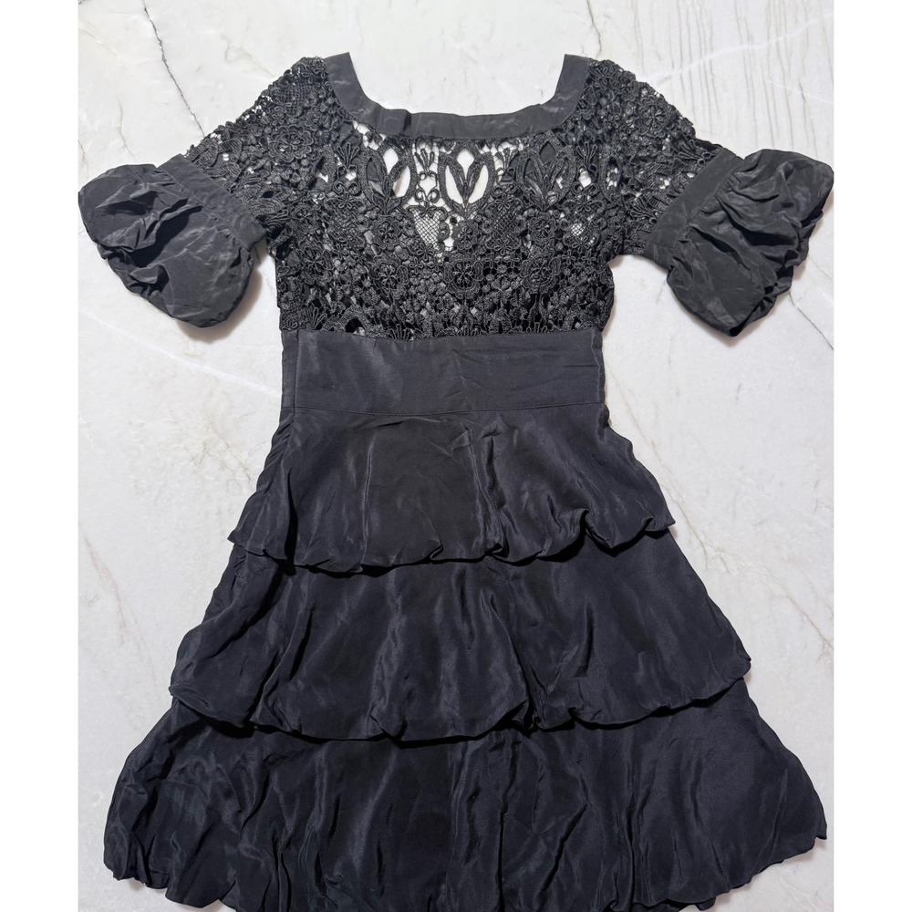 bebe Black Lace Crochet Silk Tiered Ruffle Mini Dress Puff Sleeve Womens Size XS - Picture 13 of 16